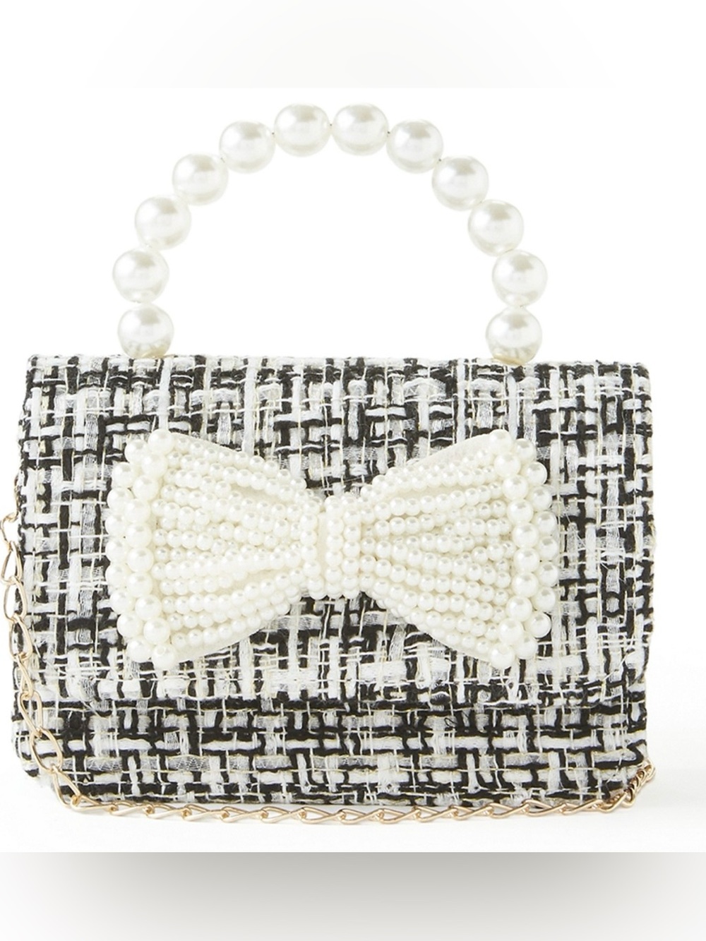 Pearl-Handle Tweed Bow Crossbody Bag - Black & White